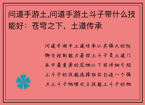 问道手游土,问道手游土斗子带什么技能好：苍穹之下，土道传承